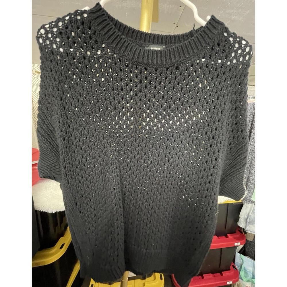 Express Womens Black Open Knit Short Sleeve Sweater Shirt Top Size Medium